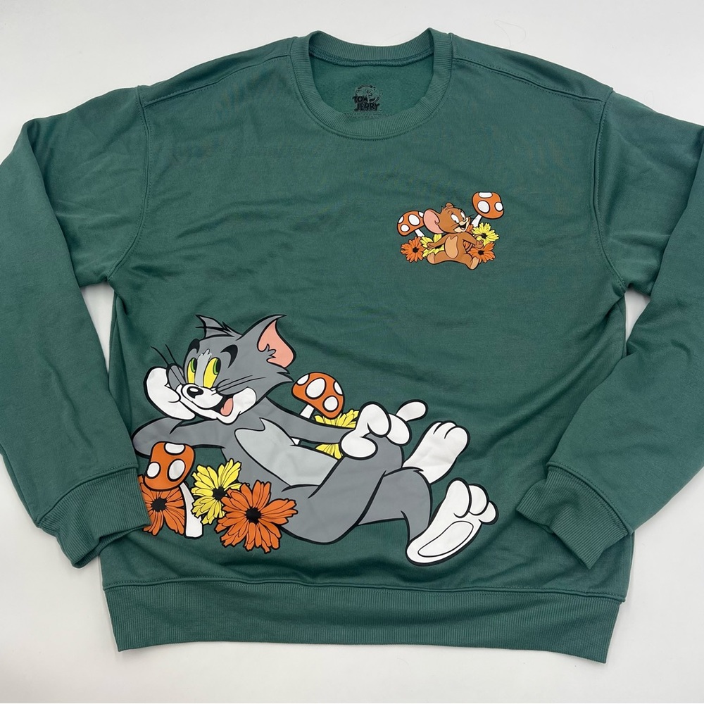 TOM and JERRY Women’s Large Pullover Sweatshirt Green Cartoon Television Comedy